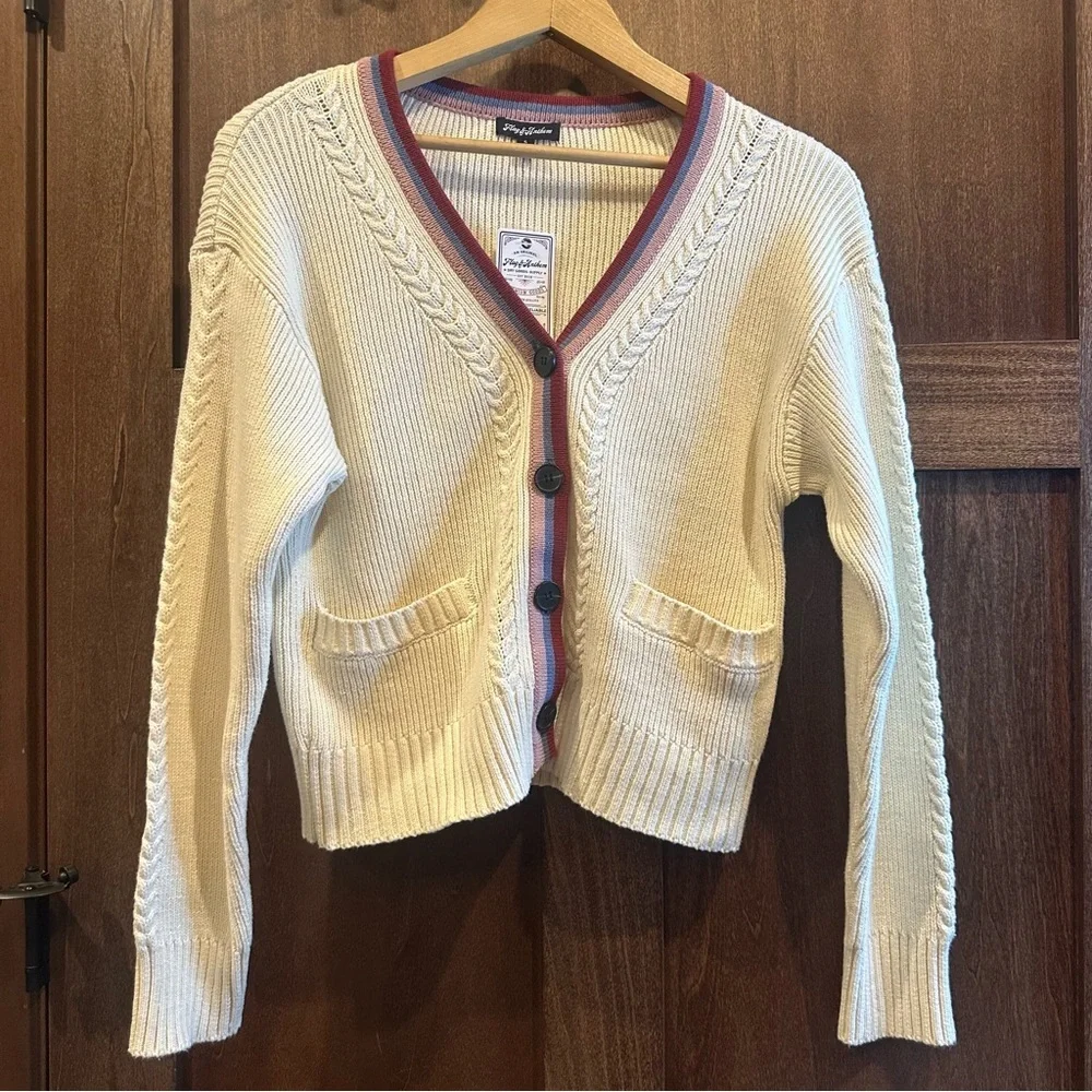 Classic V-Neck Cardigan with Colorful Trim - Picture 7 of 8